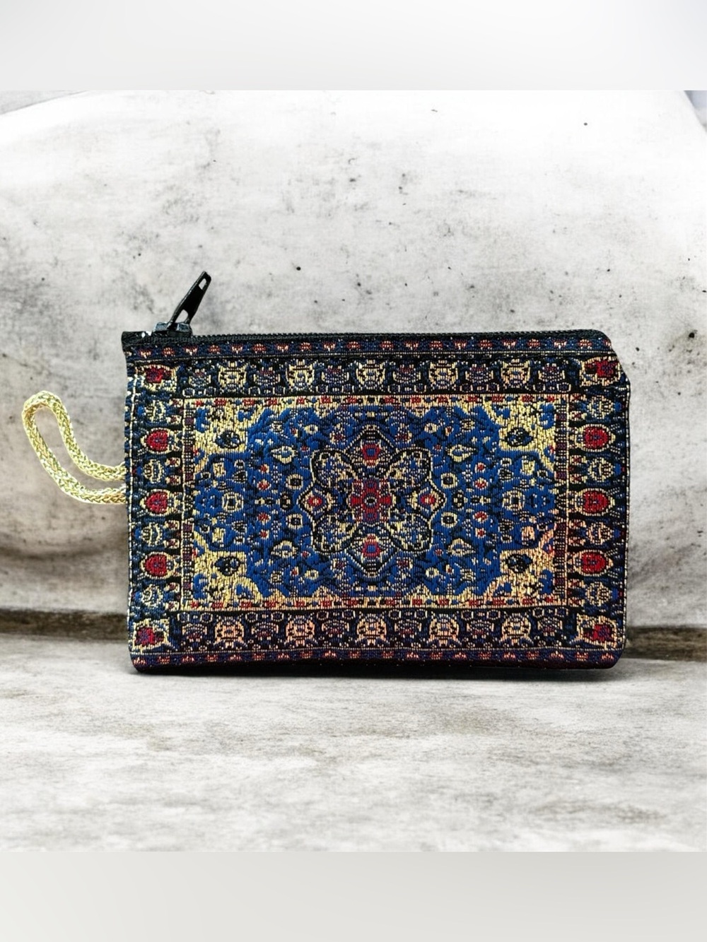 India Blue & Gold Metallic Ornate Wristlet Pouch